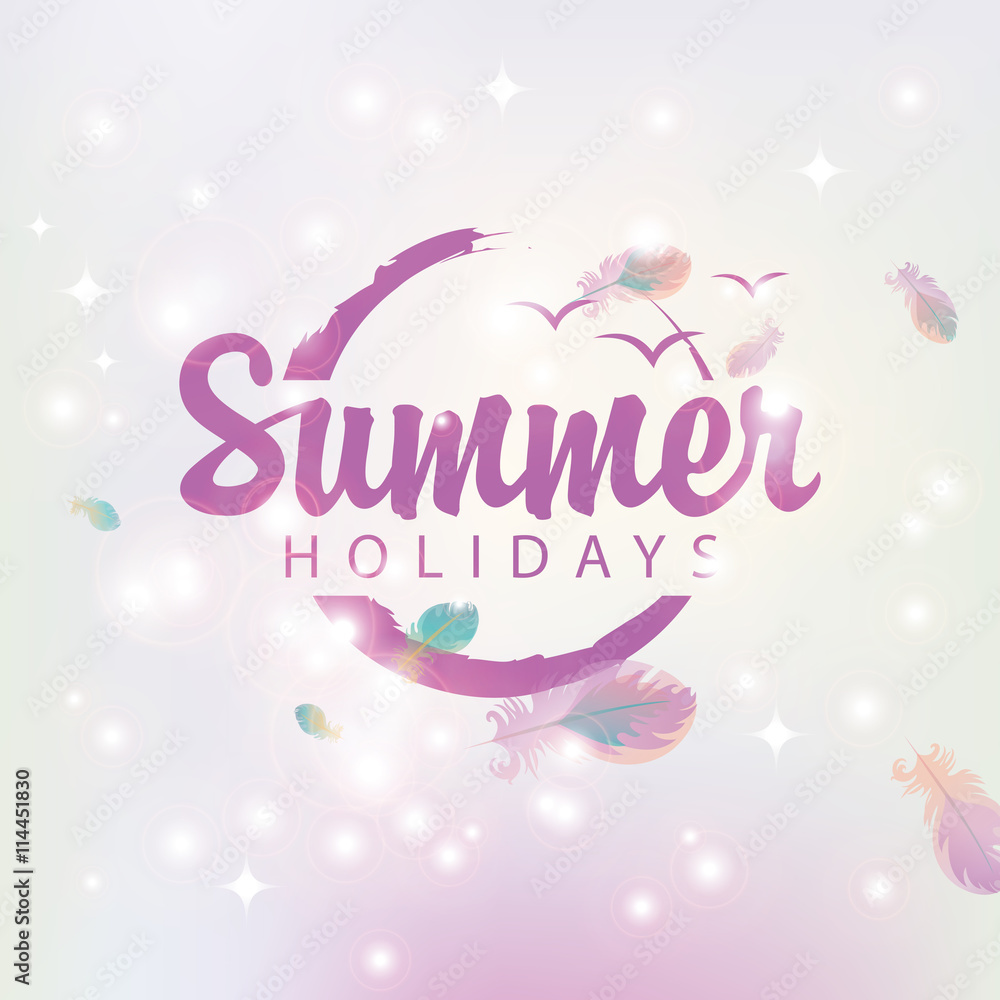 Travel Banner summer holidays on abstract pink background of stars and glare with bird feathers