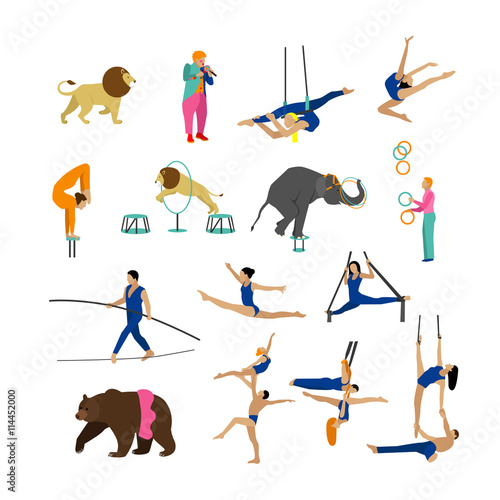 Vector set of circus artists, acrobats and animals isolated on white background. Icons, design elements.