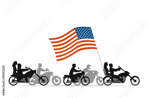 Bikers on motorcycles with usa flag