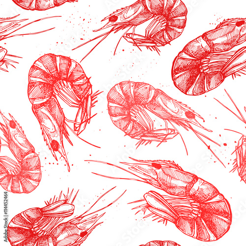 Hand drawn vector illustration - Seamless patterns with shrimp.