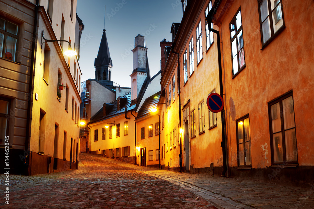 Street in old town Stockholm at night in summer