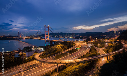 Beautiful night scenes of Tsing Ma Bridge The highway road in Ho