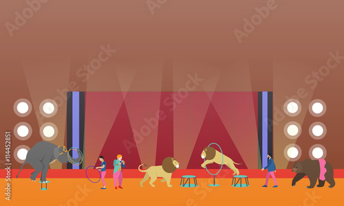 Circus interior concept vector banner. Artists perform show in arena. Animals performance.