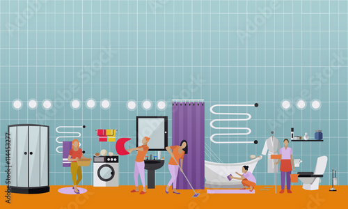 Cleaning service concept vector banner. People clean house. Apartment bathroom interior. Housekeeping company team at work.