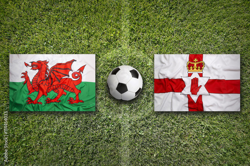 Wales vs. Northern Ireland flags on soccer field
