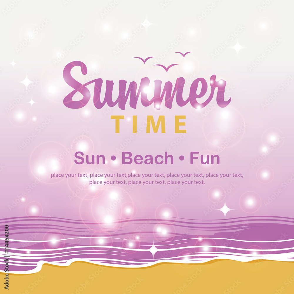 Travel banner with the beach, the sea and the words summer time