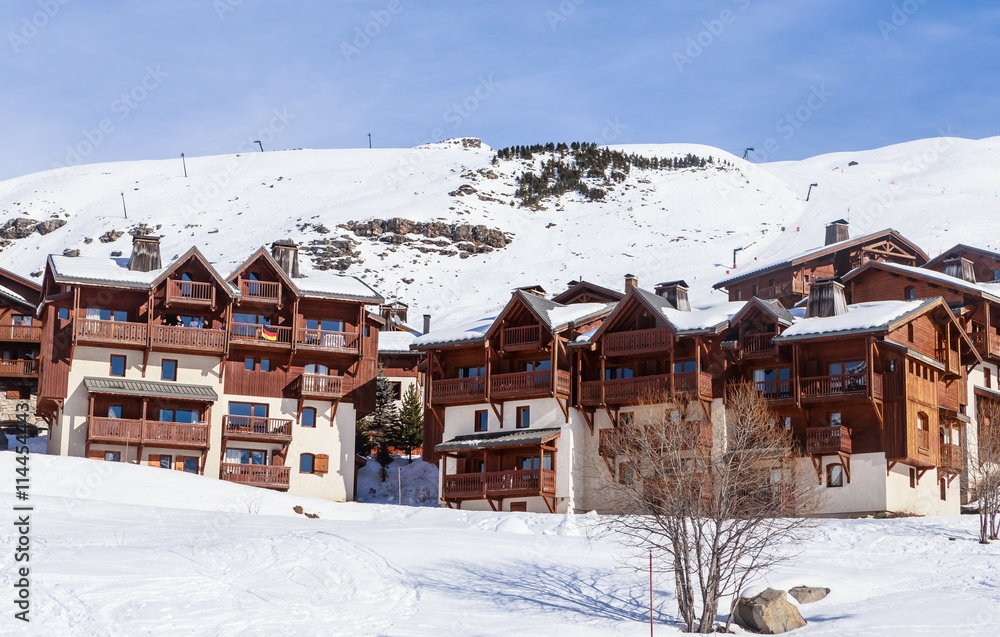 Chalet on the slopes of the valley Val Thorens. Ski resort Val Chalet on the slopes of the valley Val Thorens. Ski resort Val