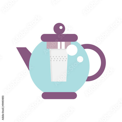 Modern Glass Teapot with Infuser. Tea, coffee kettle illustration. Hot teapot flat icon. Isolated straight lines kettle on white background.