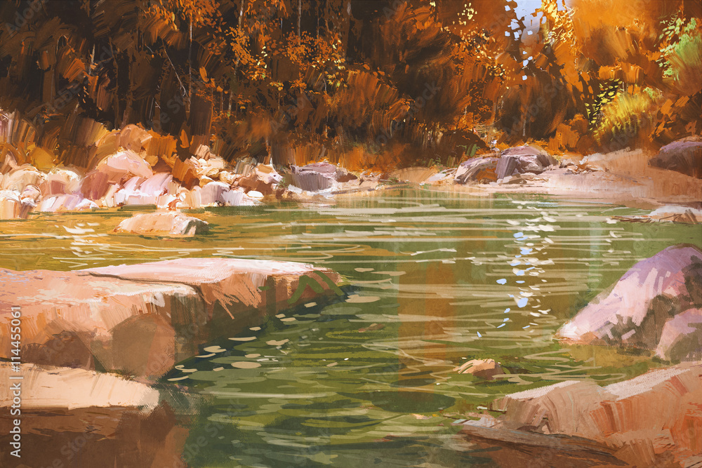 Naklejka premium creek in autumn forest,nature,landscape,illustration painting