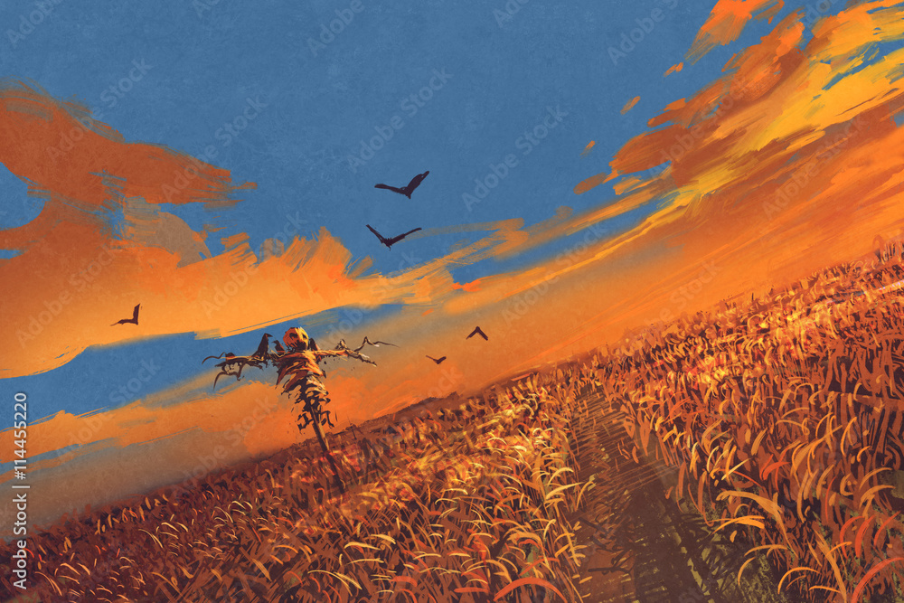 Obraz premium corn field with scarecrow and sunset sky,illustration painting