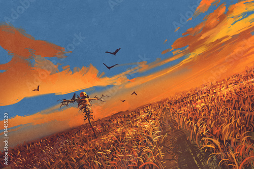 Fotografia corn field with scarecrow and sunset sky,illustration painting