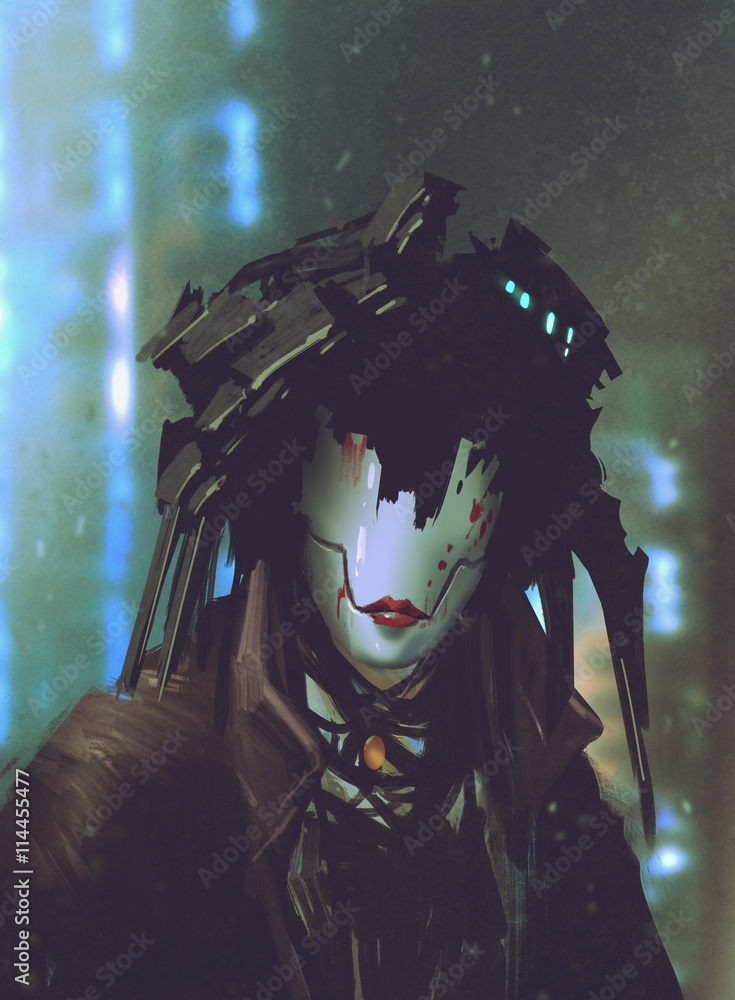 Fototapeta premium robot woman with artificial face,futuristic concept,illustration painting