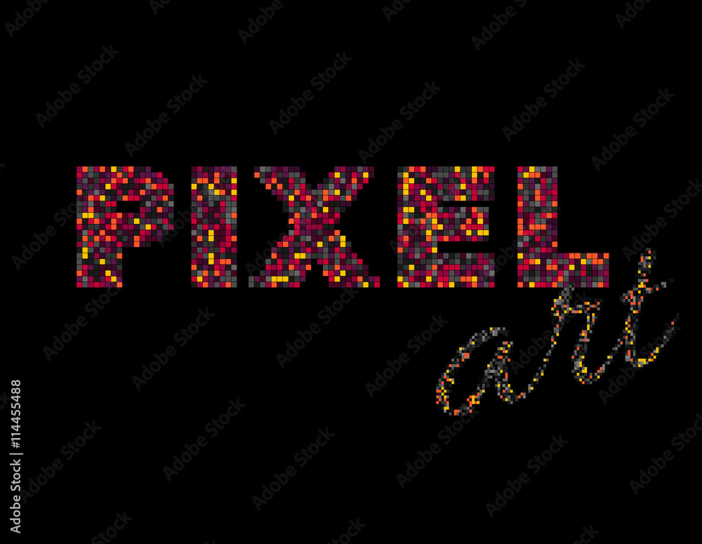 Pixel art writing. Colorful pixel illustration. Ungrouped pixels or squares, suitable to use as a motion graphics element. Isolated. vector. Gaming pixel design. Easy to recolor. Layers.