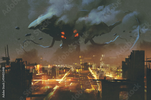 Tablou Canvas sci-fi scene,Alien monster invading night city, illustation painting