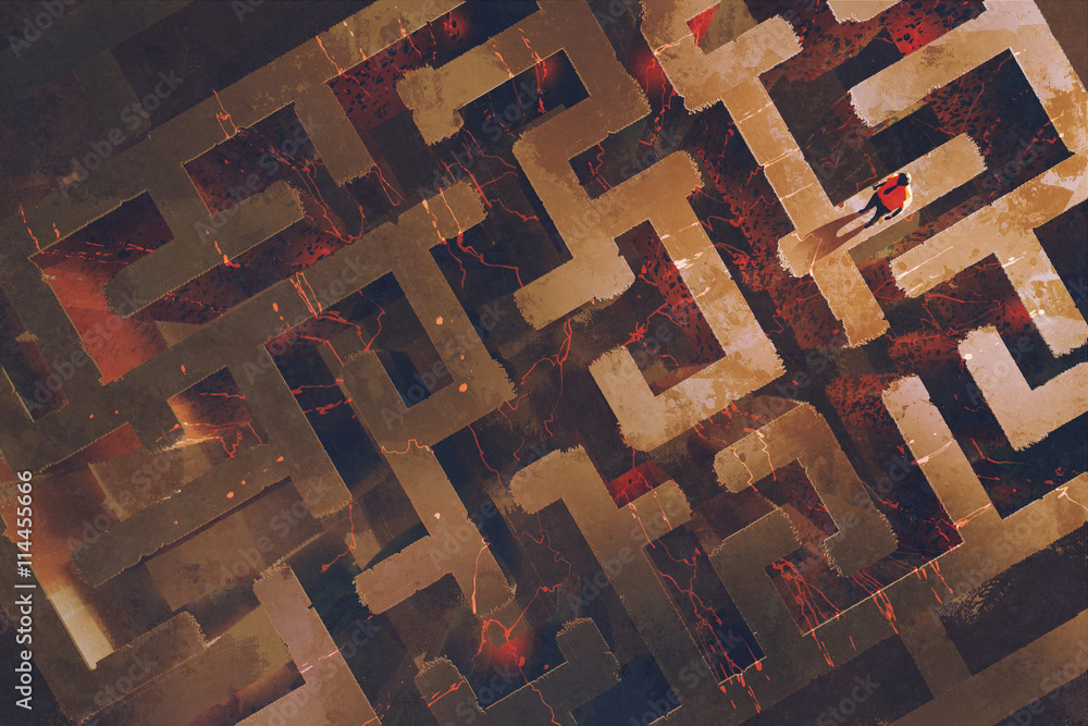 Fototapeta premium man standing above the maze with lava cracked,illustration painting