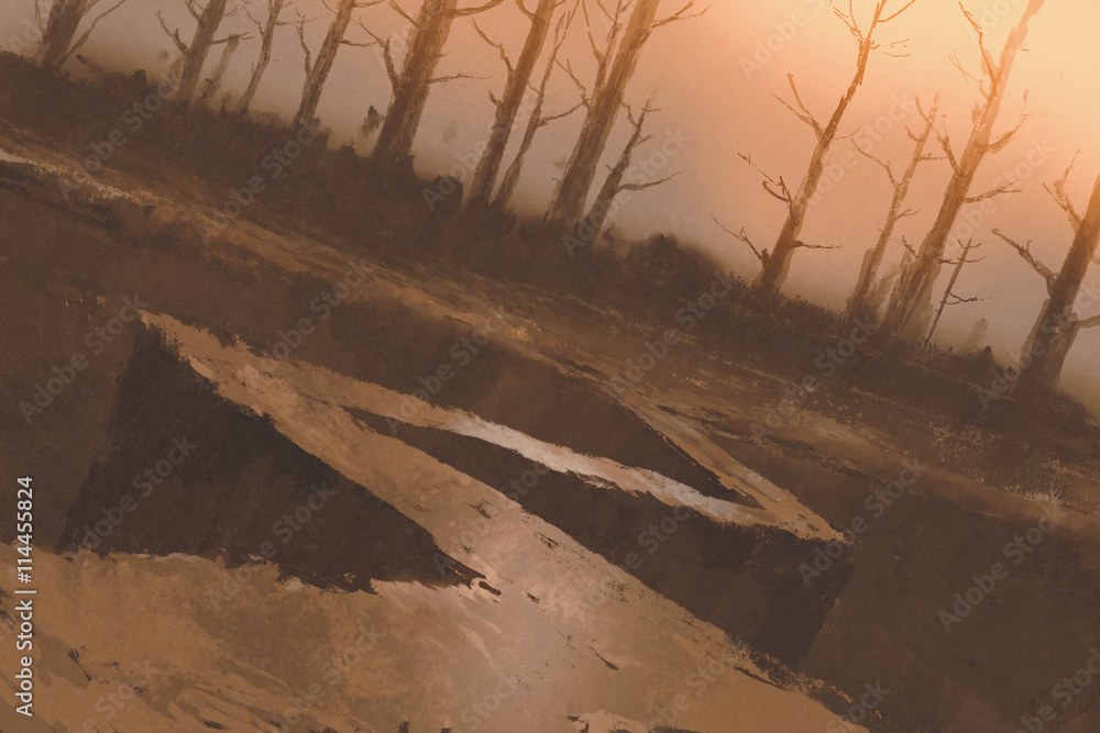 Obraz premium winding road to forest with bare trees,illustration painting