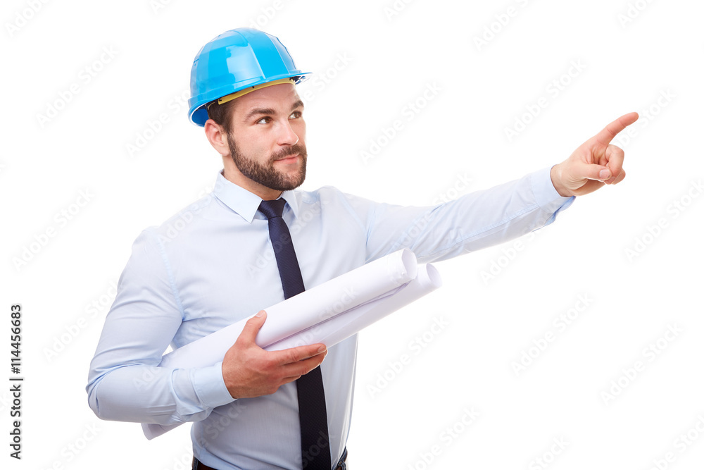 Architect with hard hat and plan showing empty copyspace Architect with hard hat and plan showing empty copyspace