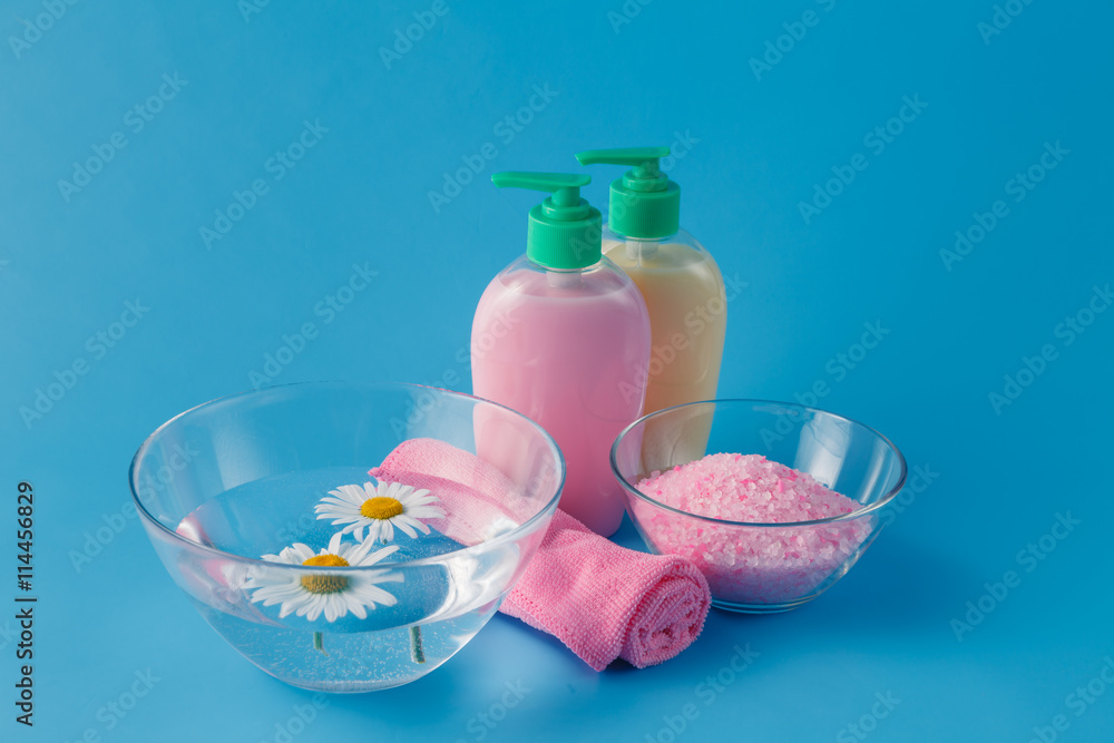 towel blue table with liquid soap towel blue table with liquid soap