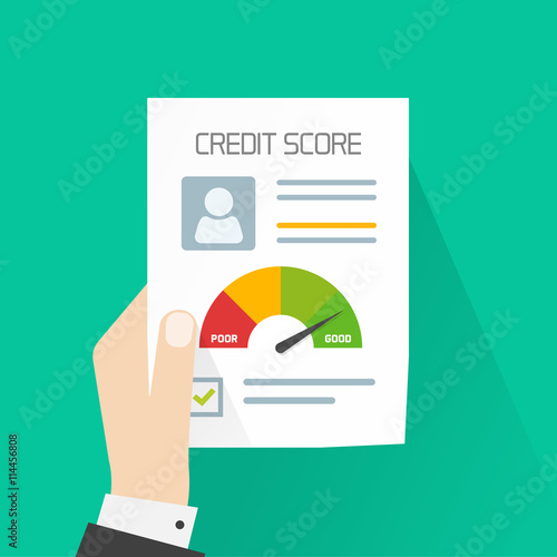 Credit score document vector concept, banker hand holding paper sheet chart of personal credit score information, person data report form, good index of credit history and approved stamp isolated