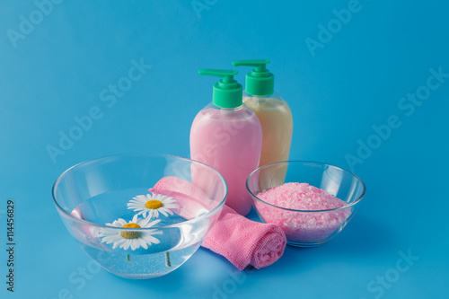 towel blue table with liquid soap