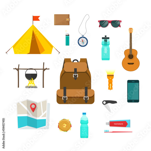 Tourist backpack with things to travel with isolated vector illustration, items collection for camping, hiking and recreation activity, things for tourism, tourist tent, map, compass, equipment