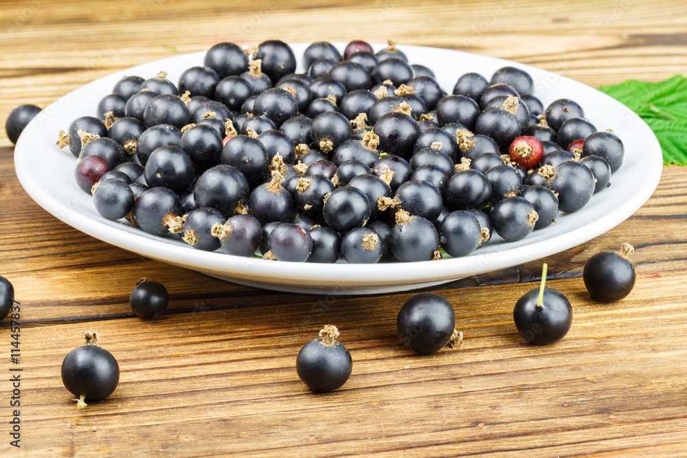 Black ripe currant in white plate on wooden background. Black ripe currant in white plate on wooden background.