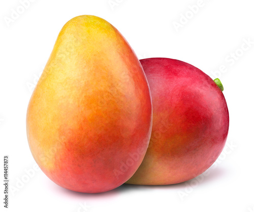 Two whole mangoes isolated on white background, with clipping path