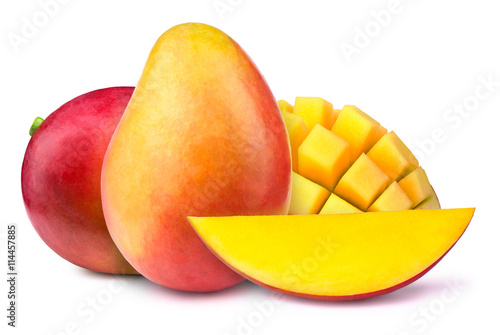 Two mangoes with slices isolated on white background, with clipping path