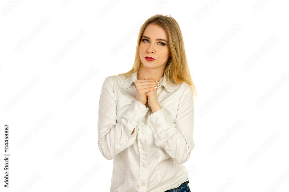 girl in a white shirt squeezes hands girl in a white shirt squeezes hands