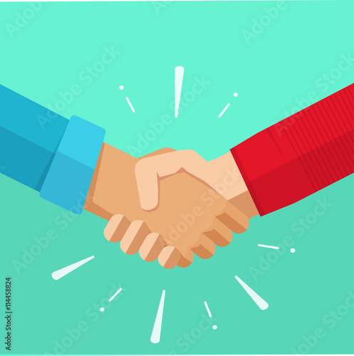 Handshake shaking hands business vector illustration with abstract rays, symbol of success deal, happy partnership, greeting shake, casual handshaking agreement flat sign design isolated