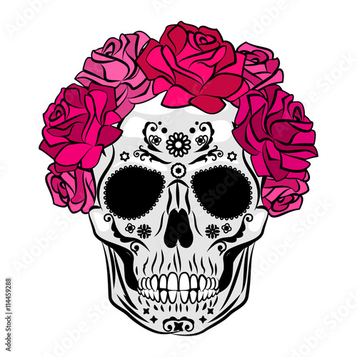 Human skull with makeup. Mexican Catrina skull makeup.
