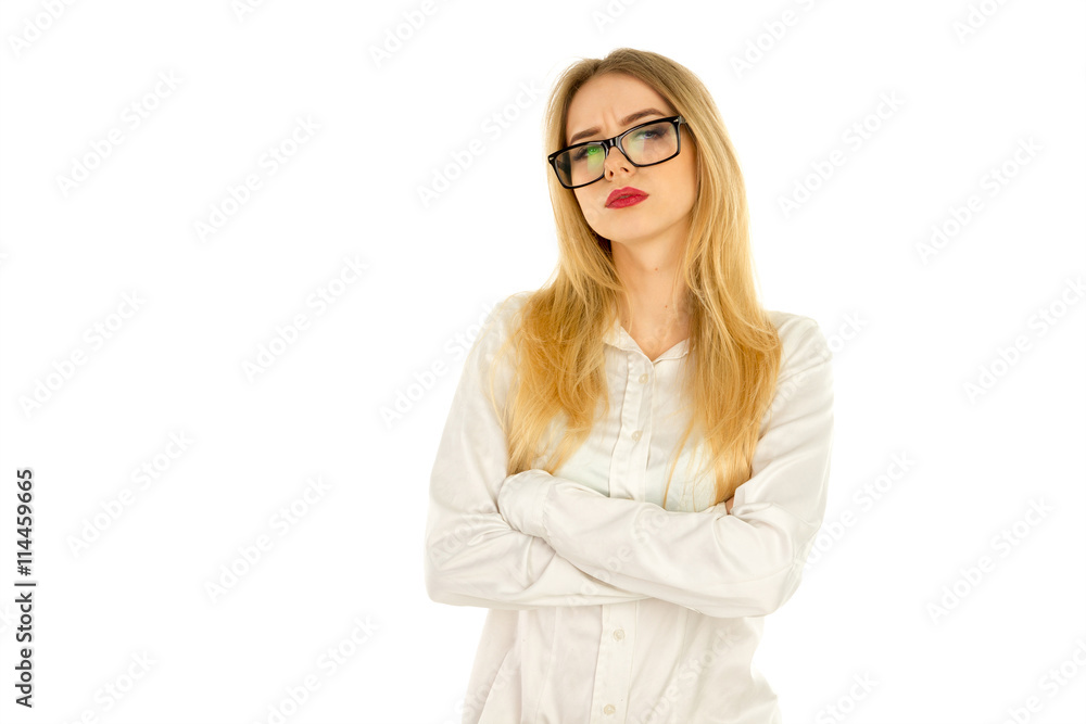 blonde in shirt and glasses posing
