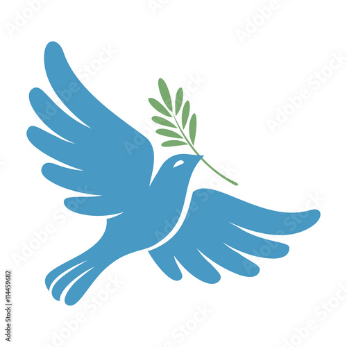 Silhouette of a flying dove with olive branch. White pigeon