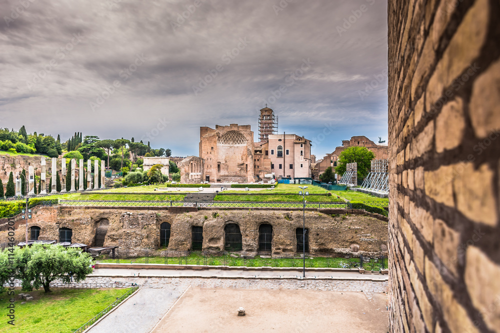 Forum Romanum Italy landmark. / View at european landmark in heart of ancient city Rome, Europe.