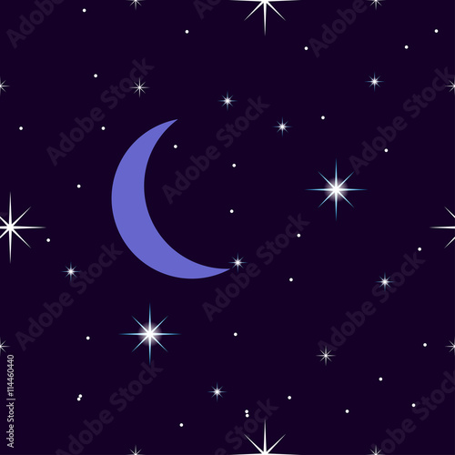 Celestial seamless background with sparkling stars glittering on a dark blue sky in the night. with the moon  crescent moon