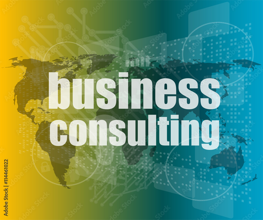 words business consulting on digital screen, business concept vector quotation marks with thin line speech bubble. concept of citation, info, testimonials, notice, textbox. flat style design