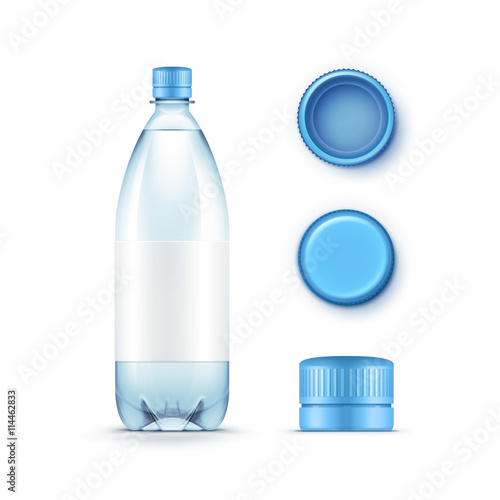 Vector Blank Plastic Blue Water Bottle with Set of Caps Isolated on White Background