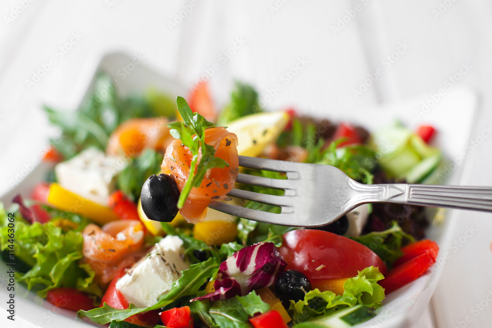 Food Eating Salad Salmon Fork Recipe Cuisine Snack Tasting Concept Food Eating Salad Salmon Fork Recipe Cuisine Snack Tasting Concept
