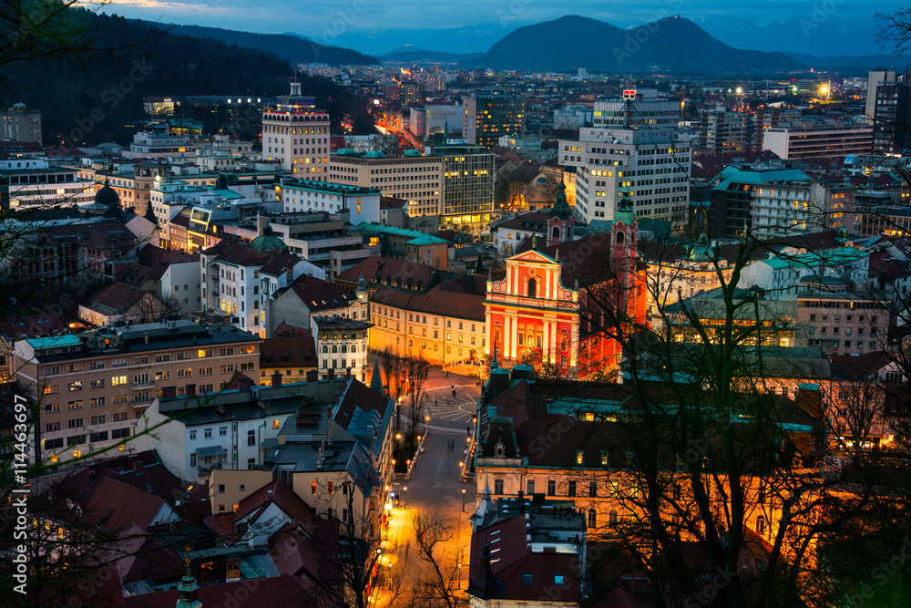 Aerial view of Ljubljana, Slovenia at night