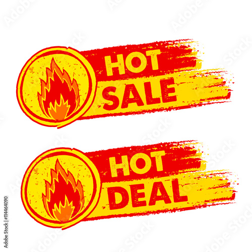 hot sale and deal on fire, yellow and red drawn labels with flam