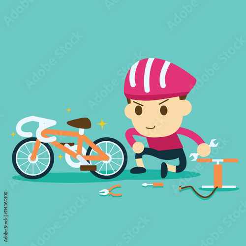 bike repair. cyclist racer repairing a bicycle