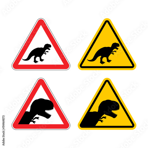 Warning sign of attention dinosaur. Dangers yellow sign Tyrannos