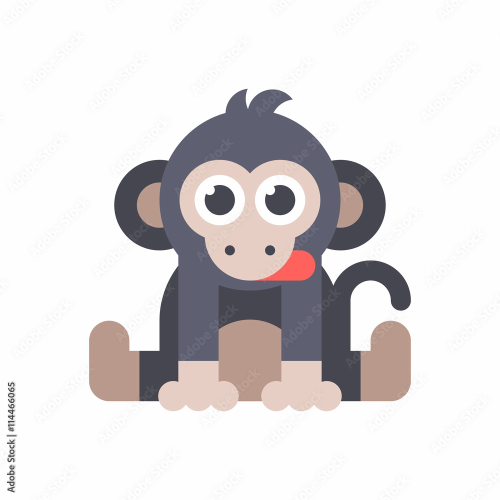 Baby monkey sitting on the floor and dticking out a tongue. Colored flat vector illustration isolated on white background. Baby monkey sitting on the floor and dticking out a tongue. Colored flat vector illustration isolated on white background.