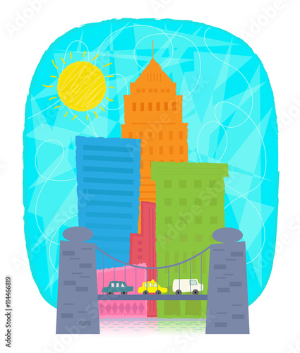 City Icon - Colorful city icon with skyscrapers and a bridge with cars. Eps10
