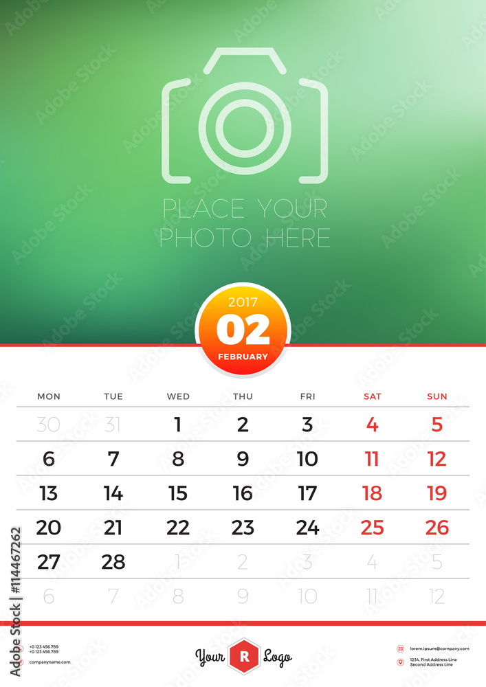 Wall Calendar Template for 2017 Year. February. Vector Design Template ...