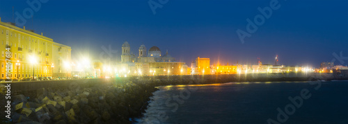  embankment and Cathedral in night. Cadiz