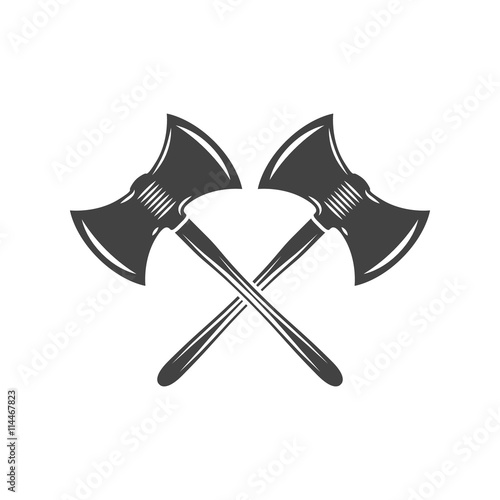 Two crossed battleaxes, battle axes. Black on white flat vector illustration, logo element isolated on white background