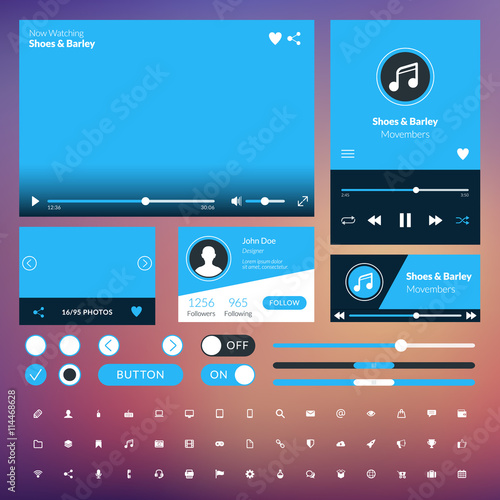 Set of flat design UI elements for website and mobile applications. Vector illustration. Icons, buttons, web elements