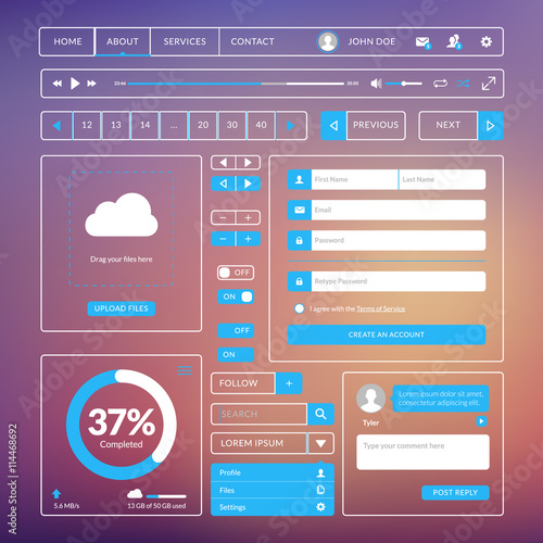 Set of flat design UI elements for website and mobile applications. Vector illustration. Icons, buttons, web elements