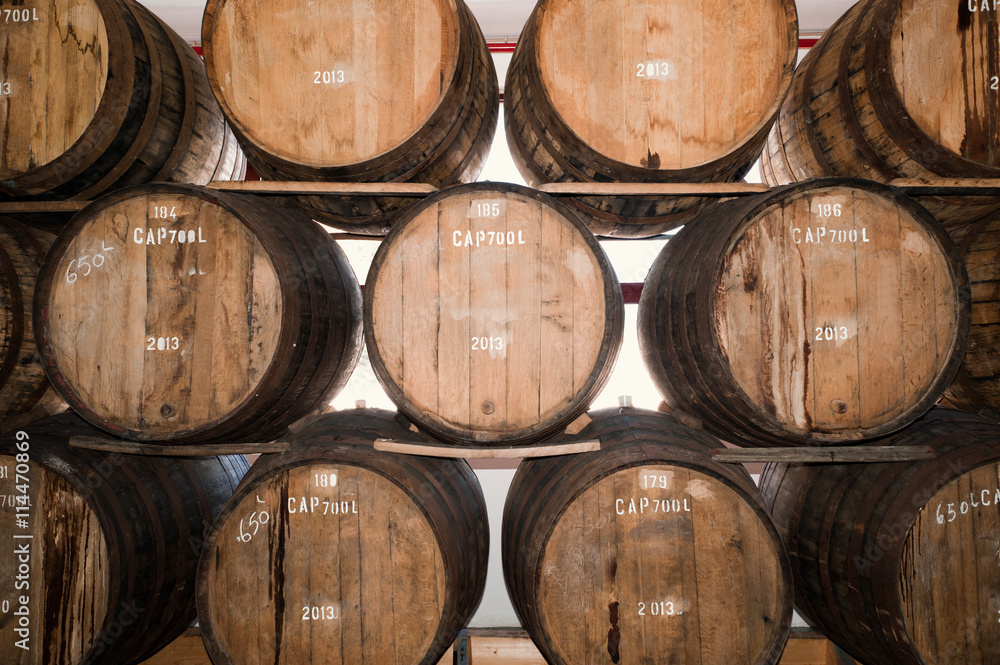 Wine barrels in the wine cellar, Madeira island, Portugal. 